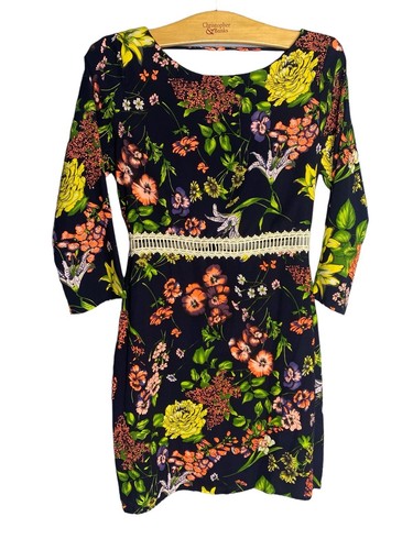 Sage Dress Small S Floral Long Sleeve Low Back Spring Easter Floral Navy Blue