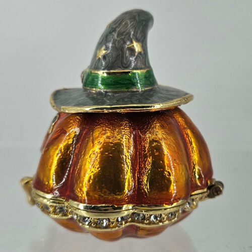 Enameled Halloween Jack O' Lantern in witch hat hinged Trinket Box Rhinestones - Picture 2 of 5
