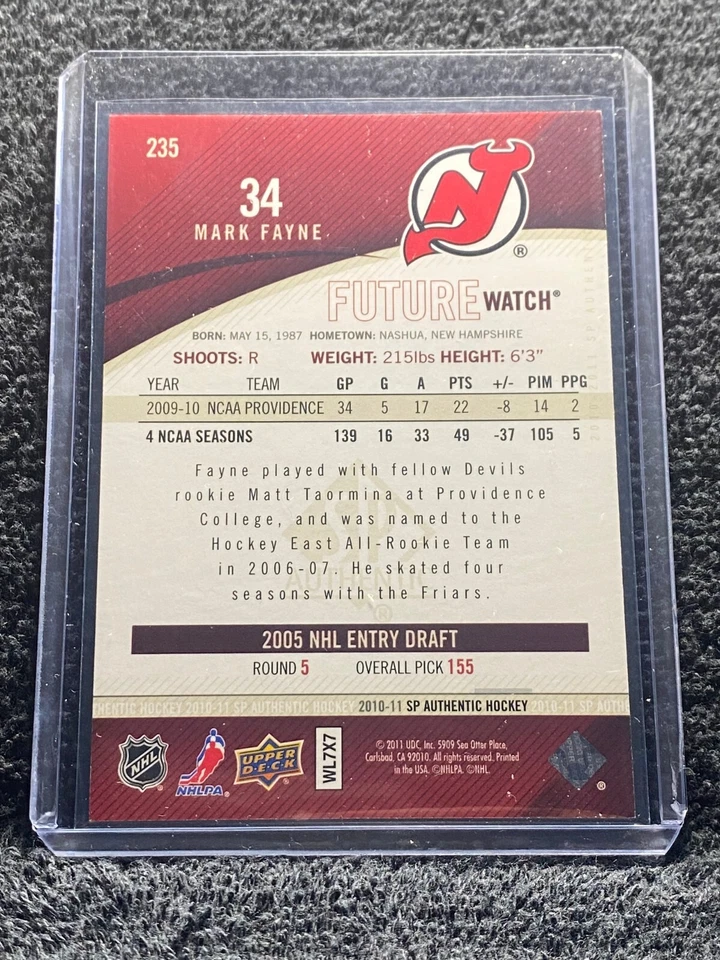 2010-11 SP Authentic - Future Watch - #235 Mark Fayne *507/999* - Image 2 of 2