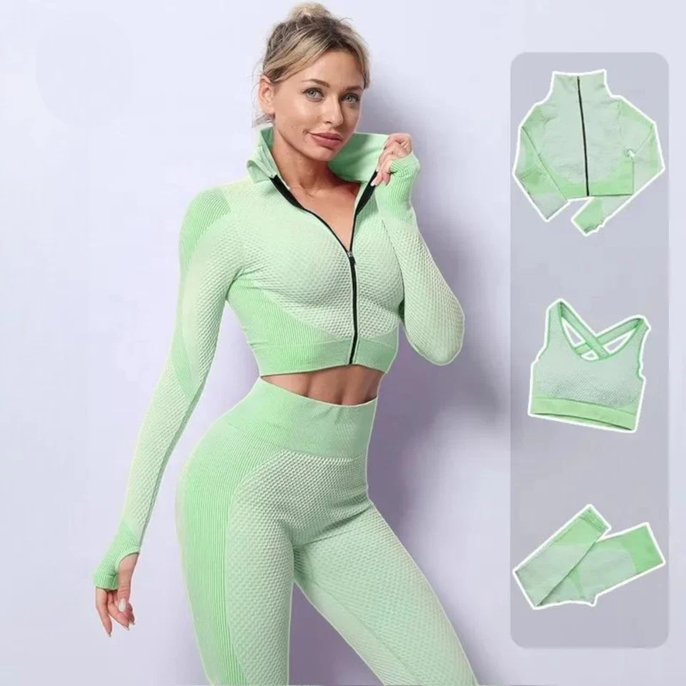 Conjunto de ioga feminino sem costura treino roupas esportivas roupas de ginástica fitness manga longa top - Imagem 3 de 4