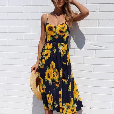 BOHO Womens Ladies Summer Beach Midi Dress Holiday Strappy