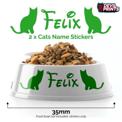 X PERSONALISED CAT NAME Kitten Cat Pet Bowl Dish Sticker Vinyl Paw Decal  UK