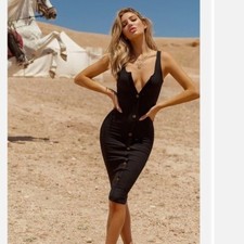 NWT PrettyLittleThing Black Ribbed Button Detail Midi Dress- 10