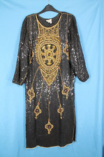 VTG A&A ENTERPRISES Black Silk BEADED/SEQUIN/PEARL Cocktail Dress 20's FLAPPER M