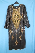 VTG A&A ENTERPRISES Black Silk BEADED/SEQUIN/PEARL Cocktail Dress 20's FLAPPER M
