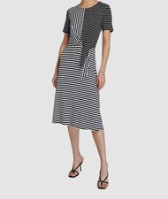 $128 T Tahari Women's White Short Sleeve Crew Neck Striped A-Line Dress Size M