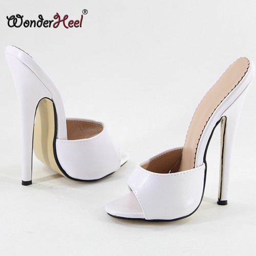 Sandali da donna tacco a stiletto 18 cm pelle opaca fetish slip on tacco alto punta aperta - Foto 7 di 14