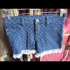 Vigoss 12 Polka Dot White Lace Trim Girls Denim Blue Jean Shorts