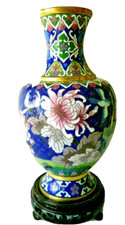9” Zhou Qi Lei Vintage Chinese Cloisonne Enamel Polished Vase with Wood Stand
