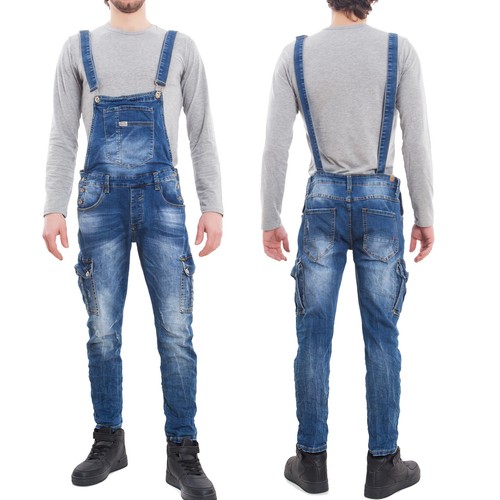 Salopette uomo jeans overall tuta intera denim casual slim fit cotone M218  | eBay