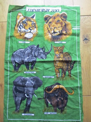 Edinburgh Zoo Vintage Linen & Cotton Tea Towel Tiger Lion Rhino Leopard Buffalo