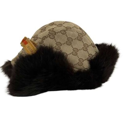 帽子 GUCCI By Tom Ford Real Fur Flight Cap Gucci Pilot Flight Cap GG Monogram Canvas Size M Beige Brown Fur