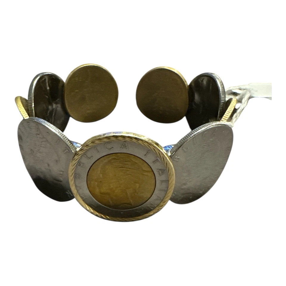 Brazalete Brazalete Moneda República Italiana Acero Inoxidable Bisel Oro 14K Milor Italia Foto 3 de 4