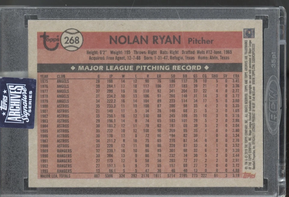 2020 Topps Archives 2018 #268 Nolan Ryan 1/1 Auto Autograph - Image 2 of 2