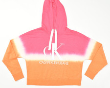 Calvin Klein Jeans Womens S Hoodie Sweatshirt Cropped Dip Dye Pink Orange