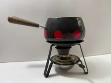 Vintage MCM Fondue Pot Japan Style Black Red Perk Swiss Made INOX 18/8 Decor