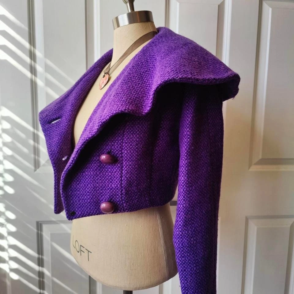 Vtg 1960s Mod Retro Tweed Purple Cropped Wool Peacoat GoGo Shawl Lord & Taylor S - Image 3 of 4