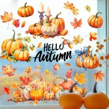 Autumn Window Decals Decorations Kit - Hello Autumn, Maple Leaf, Flower Style-9