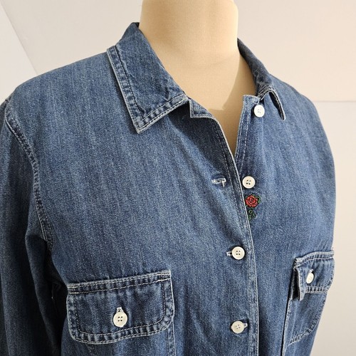 New For Joseph: Top Large Button Western Denim Shirt Embroidered Rose Cotton - Picture 7 of 14