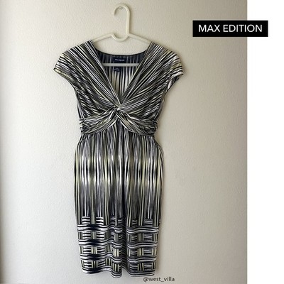 Knit Dress Max Edition Twist Front Cap Sleeve Striped Black Yellow Womens Small