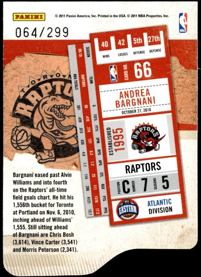 2010-11 Playoff Contenders Patches #66 Andrea Bargnani Die Cuts Silver #/299 E1 - Image 2 of 2