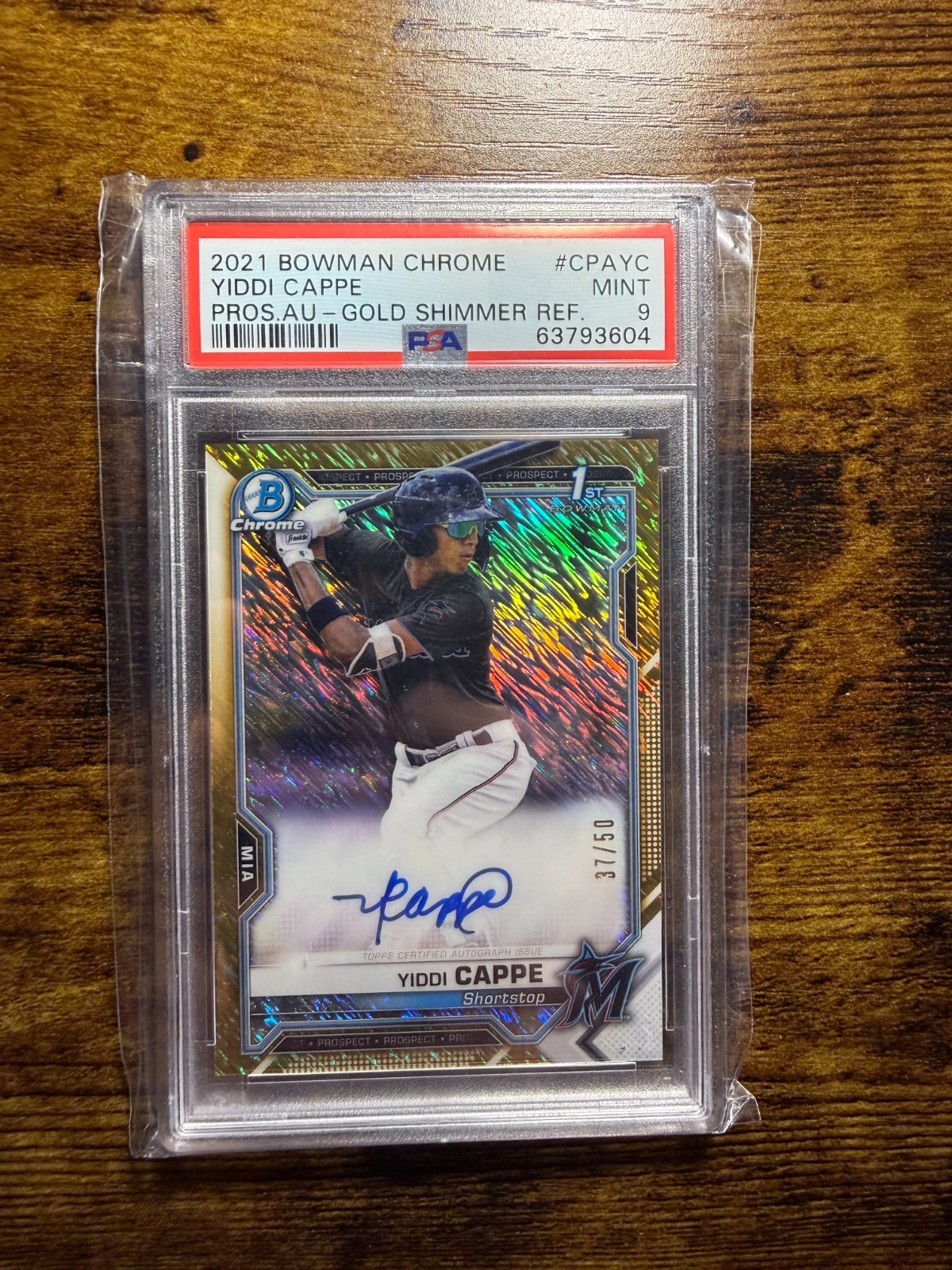 2021 BOWMAN CHROME YIDDI CAPPE AUTO ROOKIE GOLD SHIMMER /50 PSA 9