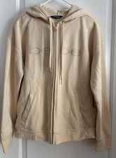 Bebe Sport Women s M Sweatshirt Hoodie Rhinestones Logo Full Zip Pockets Ivory