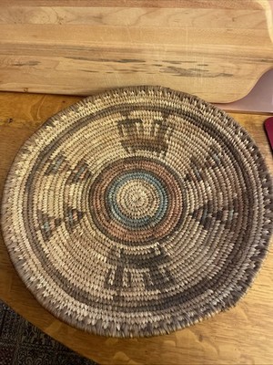 Vintage Handwoven Palm Leaf Tray 12  Geometric Wall Wedding Basket Nigeria