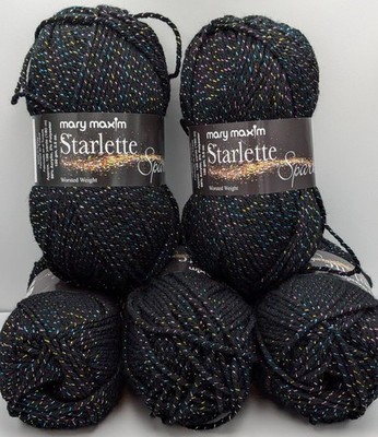 5x Skeins Mary Maxim Starlette Sparkle BLACK 4 Medium Yarn CROCHET Knit