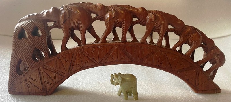 Vintage Hand Carved Wood Elephant Bridge + Small Stone Elephant Figurine Set