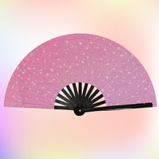 Pink Glitter Clacker Hand Fan Large 13x26 Bamboo Frame Folding Rave Festival