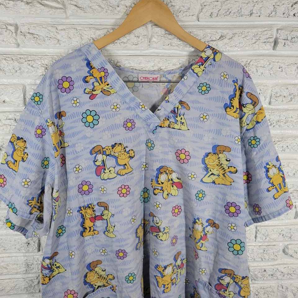 Cherokee Garfield Odie Unisex Scrub Top 4X Plus Blue Pockets Cotton Medical Vet - Image 3 of 4
