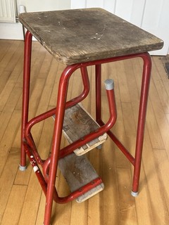 Vintage Red Metal Step Stool / Work Stool Wooden Top Industrial Retro