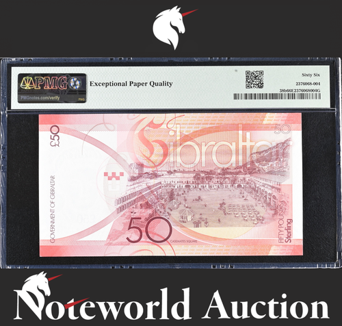 Gibraltar 50 Pounds 2019 P 38b Prefix A/AA UNC PMG 66 EPQ 3rd TOP POP - Afbeelding 2 van 4