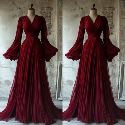 Chiffon Red Wedding Dress With Split Side Long Sleeve V Neck Ruching Bridal  Gown