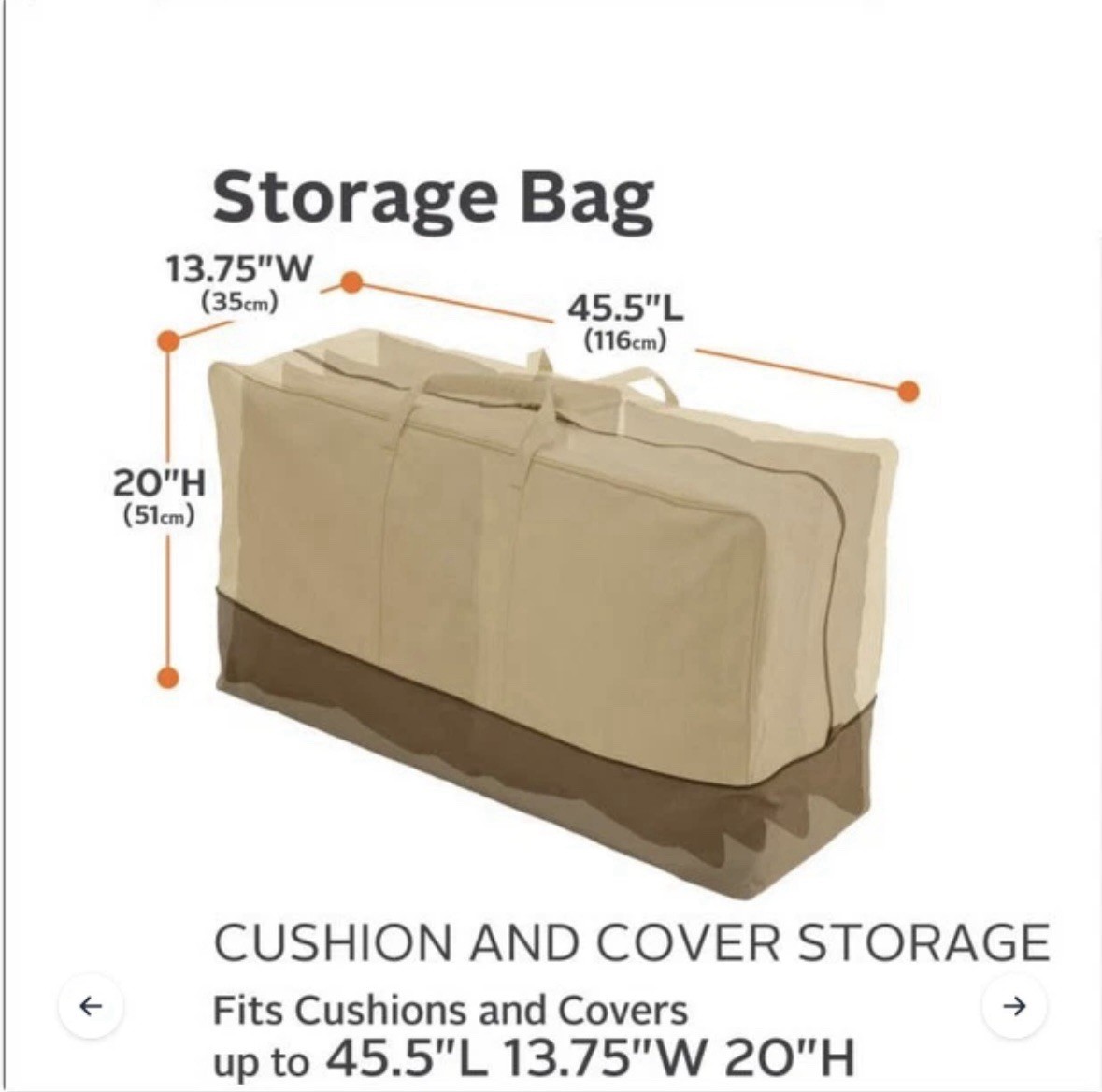 CLASSIC ACCESSORIES VERANDA PATIO SEAT CUSHION STORAGE BAG 45.5"X13.75"X20" NEW