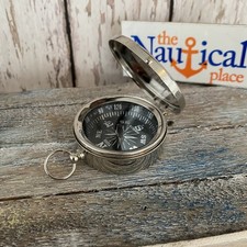 Silver Finish Brass Compass With Hinged Lid, Old Pocket Style Nautical Necklace