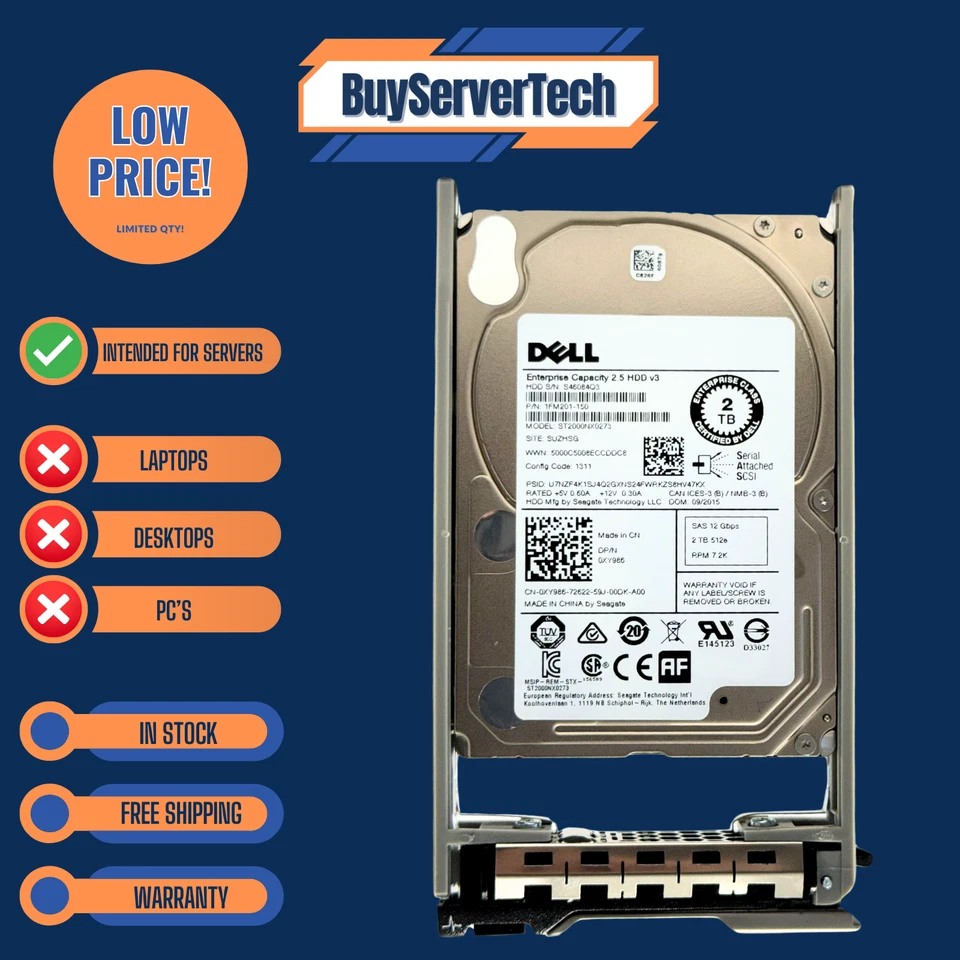 Dell XY986 2TB 7.2K 12Gb/s 2.5" SAS HDD ST2000NX0273 128MB ENT Server Drive Tray - Image 2 of 4