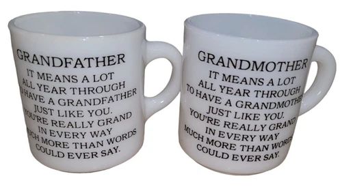Vintage Hazel Atlas Milk Glass Grandfather and Grandmother Coffee Mug Set