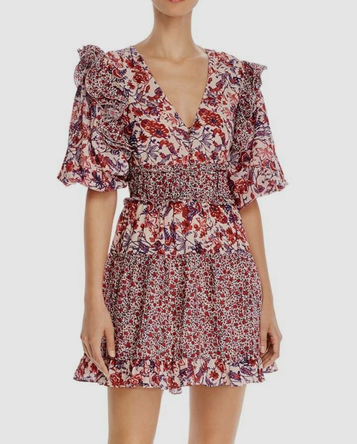 saylor floral mini dress $253 Saylor Women's Beige Red Floral Print V-Neck Shirred Laci Mini Dress  Size M