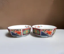 Pair of Asian Multi Color Octagonal Hand Painted Floral Soup Salad Bowls Signed