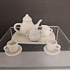 Miniature 10 piece Dollhouse Tea Coffee Set White Ceramic Finish