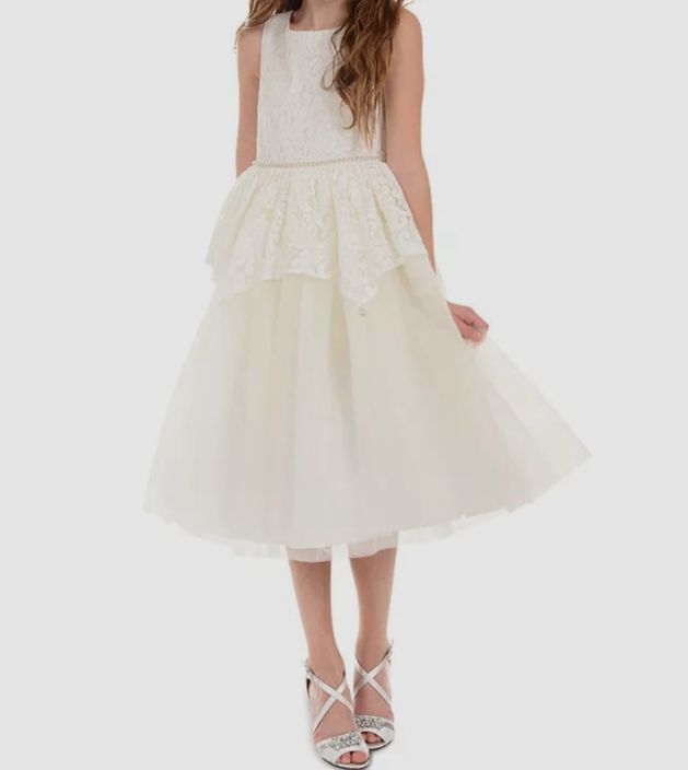 badgley mischka peplum dress $175 Badgley Mischka Kids Girl's Ivory Jeweled Lace Peplum Dress Size 5