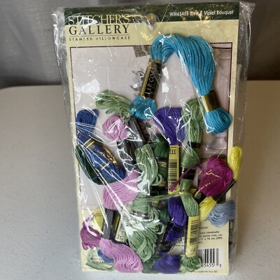 Bucilla Stitcher's Gallery 2 Stamped Pillowcases Blue & Violet Bouquet, NIP  