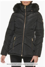 NWT GUESS Jacket Hooded Puffer Faux Fur Trim Water-Resistant Blk Sz M MSRP 220.