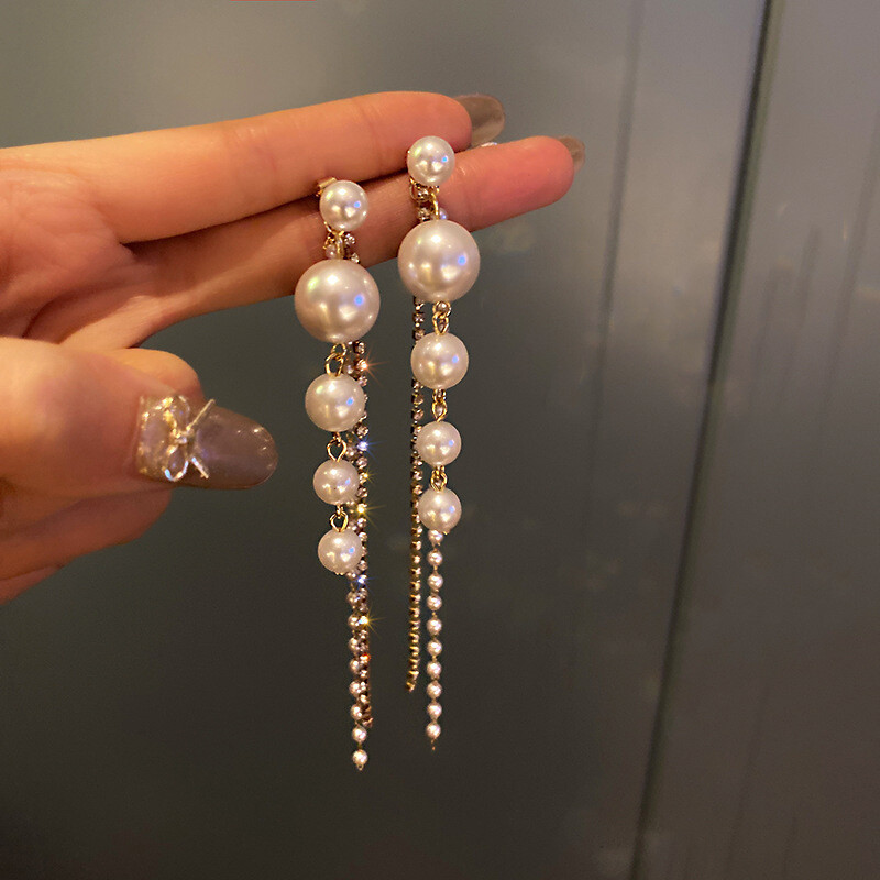 Long Dangle Earrings Women Fashion Crystal Simulated Pearl Tassel Drop Earrings