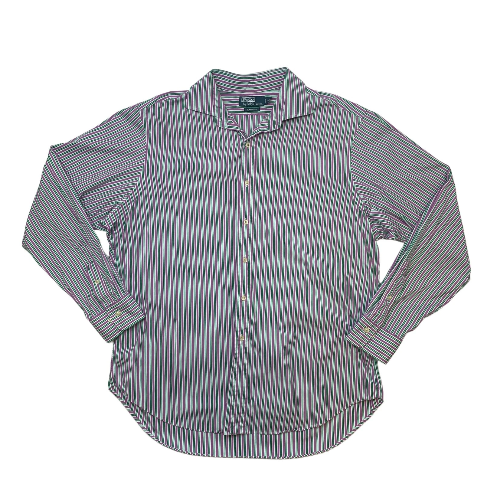 Polo Ralph Lauren Shirt Mens 17 1/2 Purple/Green Striped Classic Fit Button Up