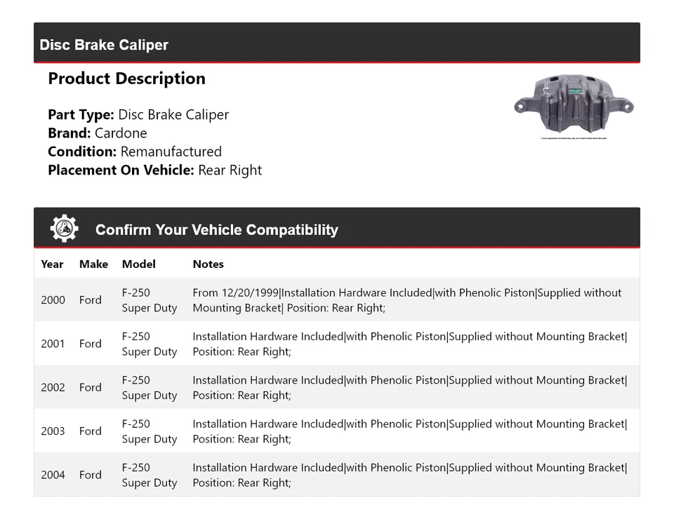 Pinza de freno de disco trasera derecha Cardone 2001 para Ford F-250 Super Duty 2000-2004 Foto 2 de 4