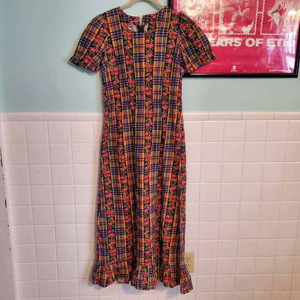 Maxi Vestido Vintage Años 90 Hecho a Mano a Cuadros Floral Patrón Rosa Azul Amarillo Rojo Verde Foto 2 de 4