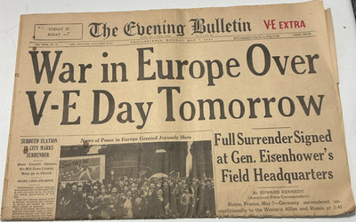 The Evening Bulletin V-E Day Newspaper Original WWII US Militaria